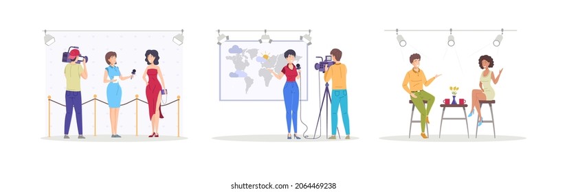 Television Industry Set. Mass Media Journalism Live Broadcasting News, Interviewing, Morning TV Show, Weather Forecast, Paparazzi Profession. Diverse People Reporter Of Multimedia Vector Flat