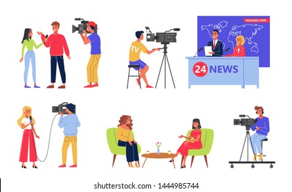 Television Industry Set. Newscaster And Journalist Profession. TV Show With Famous Person. Vector Illustration In Cartoon Style