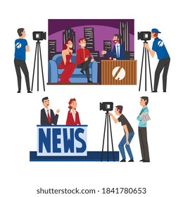 Television Industry Set, Talk Show with Celebrity Participants, TV News News Show Cartoon Style Vector Illustration