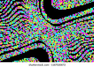 Television interference. Pattern with glitches. Geometric abstraction with pixel art elements. Grunge background. Scalable vector graphics. Colorful.