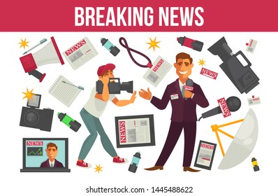 Television and journalism news and mass media vector TV host and cameraman laptop online reportage photo and video camera badge and newspaper satellite dish and tablet loudspeaker and microphone.