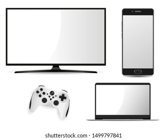 Television Laptop Smartphone and Game Control Mockup. Vector Flat Smart Tv Screen. Realistic Led Notebook Pc Portable Computer. Cell Telephone Template. Play Station Joystick Console