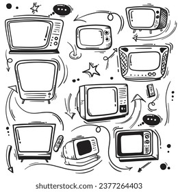 Television in line art or doodle art design for world television day template design