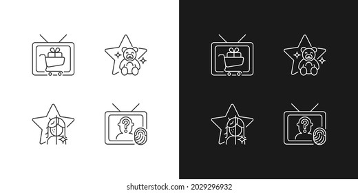 Television linear icons set for dark and light mode. Shopping show. Children animation, kids cartoon. Customizable thin line symbols. Isolated vector outline illustrations. Editable stroke