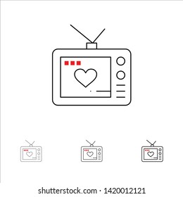 Television, Love, Valentine, Movie Bold and thin black line icon set