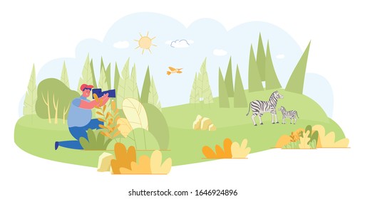 Television or Magazine Journalist, Animal Photo Artist Shooting Wild Animals on Nature Background. Wildlife Photographing and Reporting - Professional Occupation and Hobby. Flat Vector Illustration.