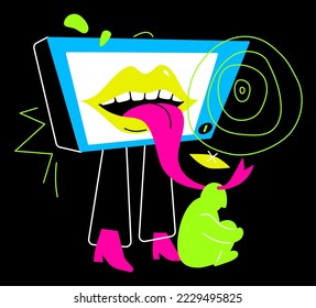 Television manipulation - colorful flat design style illustration with linear elements. Colored composition with impersonal man and giant screen. Harmful influence of the media on information field