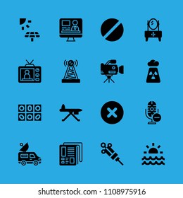 television, microphone, prohibited, syringe, sunrise, ironing board, television, van and solar panel vector icon. Simple icons set