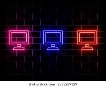 Television Neon Symbol. Computerbildschirm. Vektorgrafik für Design. Konzept der Haushaltsgeräte Helles Fernsehsignal. grün, rot, gelb, rosa, blau und orange.