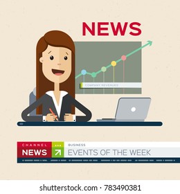Television news announcer on background TV breaking news. Vector illustration, flat design.