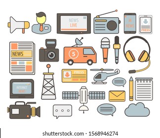 Television news broadcasting and mass media journalism isolated icons vector. Megaphone and journalist, TV screen and radio, mobile devices and newspaper. Camera and van with satellite, microphones