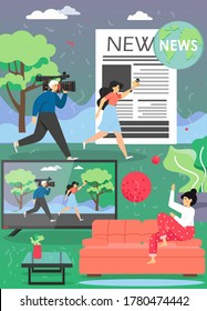 Television news vector poster template. Young woman watching the latest tv news program while sitting on sofa at home. Journalist with mic and cameraman going to take interview for print newspaper etc