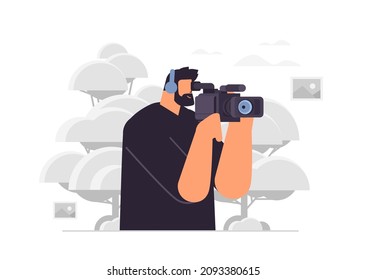 television operator using video camera cameraman looking through camcorder movie making concept