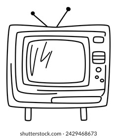 Television - An Outdated TV in Doodle-Style Art Displays a Zigzag Line on the Screen, Possibly Indicating a Broken or No Signal, All Characterized by Clear Black Thick Crisp Lines Illustration
