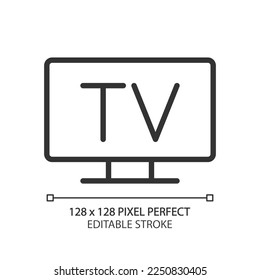Television pixel perfect linear icon. TV broadcasting service. Analog and digital technology. Public utility. Thin line illustration. Contour symbol. Vector outline drawing. Editable stroke