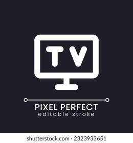 Television pixel perfect white linear ui icon for dark theme. Living room appliance. Hotel. Vector line pictogram. Isolated user interface symbol for night mode. Editable stroke. Poppins font used