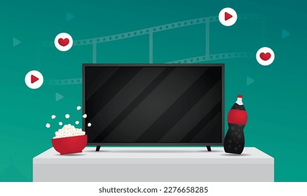 television and popcorn bowl with film element illustration graphic vector in streaming movie concept