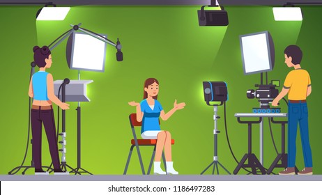 Television presenter, cameraman & assistant working in green screen studio with stage lighting equipment, microphone and professional camera. Video production & broadcasting. Flat vector illustration