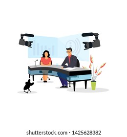 Television presenter, journalists at news studio flat vector illustration. Newscasters broadcasting, recording report. Breaking news, press, TV industry. Journalists, reporters, anchors characters