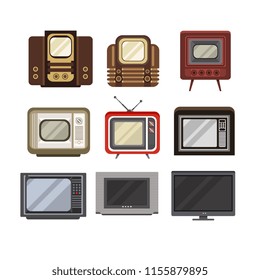 Television receivers set, TV evolution from obsolete to modern vector Illustrations on a white background