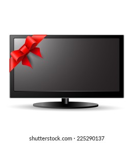 Television with red ribbon bow vector illustration. Flat screen TV tied with festive decoration for holiday promotions, electronics store advertising, gift ideas, and seasonal sales campaigns.