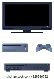 Television related electronic devices commonly found in a living room entertainment center.