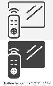 Fernseher mit Fernbedienung verschiedenen Stil Symbol-Set. Linie, Umriss und durchgezogenes Symbol, Vektorzeichen und Symbol. Bearbeitbares Strichvektorsymbol für die Steuerung von Heimmedien.