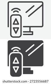 Fernseher mit Fernbedienung verschiedenen Stil Symbol-Set. Linie, Umriss und durchgezogenes Symbol, Vektorzeichen und Symbol. Bearbeitbares Strichvektorsymbol für Heimmedien.
