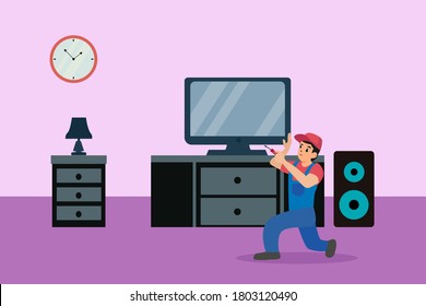 Television repair vector concept: technician repairing the television screen with a screwdriver in the living room