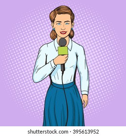 Television reporter journalist woman pop art style vector illustration. TV reporter with microphone. Human illustration. Comic book style imitation. Vintage retro style. Conceptual illustration
