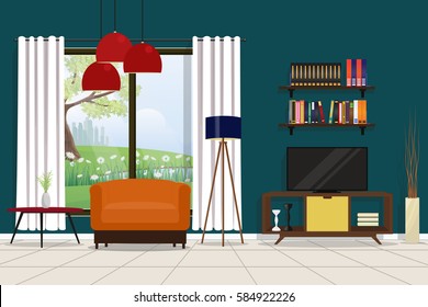 Television Room Interior with Sofa, Coffee Table, Floor Lamp, Television Cabinet, Hanging Lamp,Bookshelf, Drapery Curtain and Flower Pot.Cozy Modern Room Design in Flat Style Vector Illustration.
