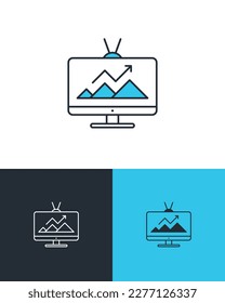 Fernsehen mit Verkaufs- und Marketingdiagramm. Marktdatenanalyse-Konzept. Vektorsymbole auf 3 verschiedenen Hintergründen.