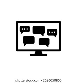Icono de pantalla de televisión con burbujas de chat que simbolizan los medios interactivos