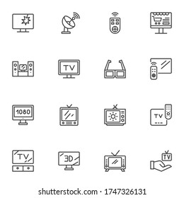 Television screen line icons set, outline vector symbol collection, linear style pictogram pack. Signs, logo illustration. Set includes icons as wide TV display, computer monitor, remote control, 3D