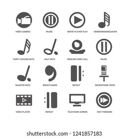 Television Screen Off, Half note, Repeat, Video player, Pause, Hemidemisemiquaver icon 16 set EPS 10 vector format. Icons optimized for both large and small resolutions.