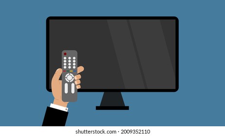 Television screen and remote controller, businessman holding remote controller in front of a TV, blue background.