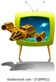 Pantalla de televisión con nave espacial volando en la ilustración espacial