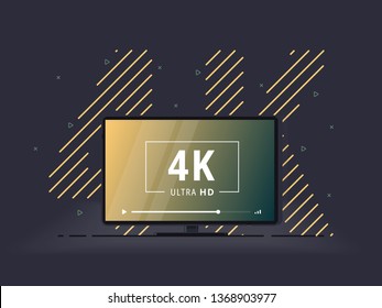 Television set with 4k Ultra HD video technology. LED television display on linear background with high definition digital tech symbol. Vector Illustration.