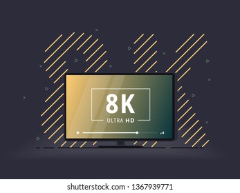 Television set with 8k Ultra HD video technology. LED television display on linear background with high definition digital tech symbol. Vector Illustration.