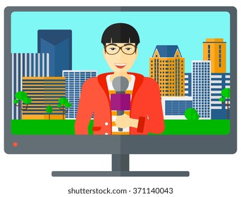 Television set broadcasting interview.