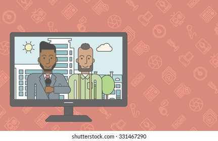 Television set broadcasting the news with an african-american reporter interviewing a man. Vector line design illustration. Horizontal layout with a text space for a social media post.