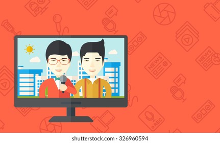 Television set broadcasting the news with an Asian reporter interviewing a man vector flat design illustration. Horizontal layout with a text space.