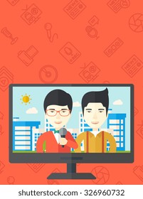 Television set broadcasting the news with an Asian reporter interviewing a man vector flat design illustration. Vertical layout with a text space.