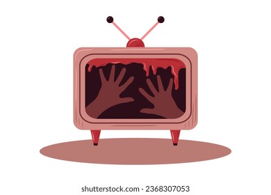 Television set in a room at night, showing static noise and a ghost. Horror themed. Vector illustration