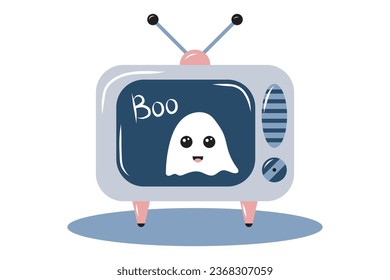 Television set in a room at night, showing static noise and a Cute ghost. Horror themed. Vector illustration