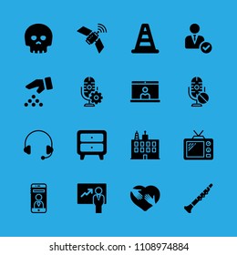 television, shaking hands inside a heart, manager, oboe, skull, seeds, microphone, video conference and presentation vector icon. Simple icons set