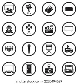 Television Show Icons. Black Flat Design In Circle. Vector Illustration.