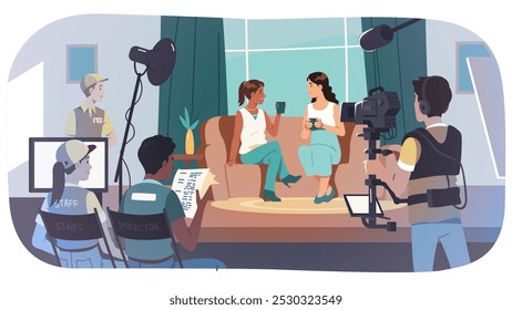 Grabación de la producción del estudio de entrevistas de televisión. Presentador periodista persona entrevistando mujeres invitadas hablando en vivo. Video Camarógrafo de grabación en cámara, micrófono. Ilustración de difusión de medios