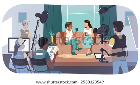 Television show interview studio production recording. Presenter journalist person interviewing guest women talking live. Cameraman record video on camera, microphone. Media broadcast illustration