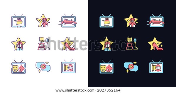 Television show light and dark theme RGB color icons
set. Shopping series. Children cartoon. Car racing. Isolated vector
illustrations on white and black space. Simple filled line drawings
pack